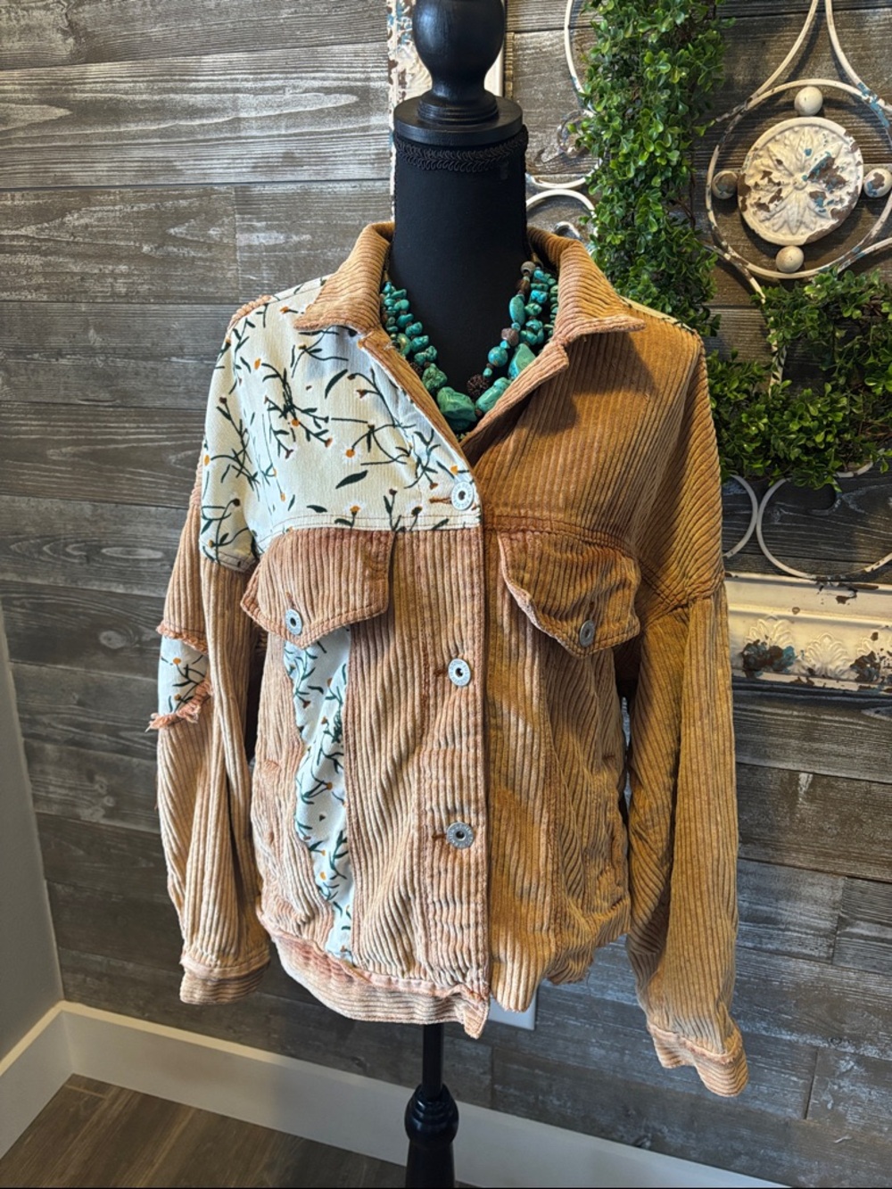 POL (Size S) Oversized Bohemian Floral Raw Edge Details Corduroy Women’s Jacket